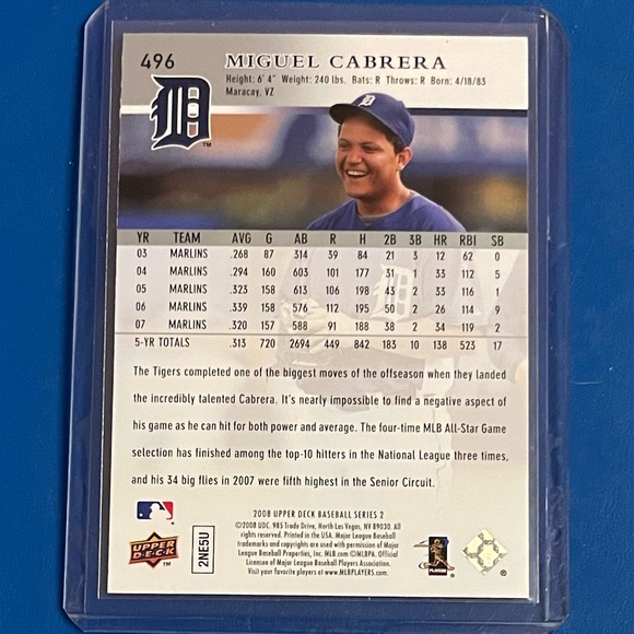Miguel Cabrera #496 2008 Upper Deck Baseball Trading Card - Picture 2 of 2